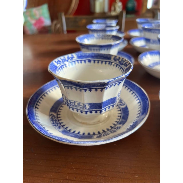 Mid 19th Century 12 Antique Blue Transfer Decorated Cup & Saucers, "Dagger Border" by J. Wedgwood For Sale - Image 4 of 12