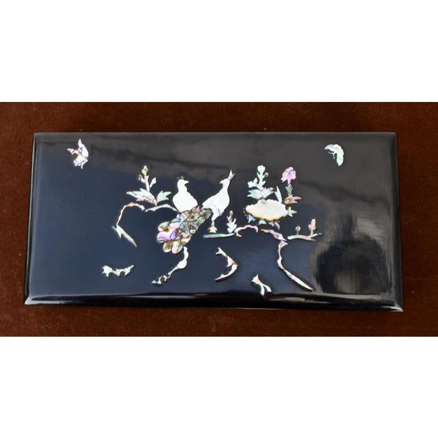 Chinese Black Lacquer Box Mother of Pearl Abalone Shell Inlay Peacock Butterfly For Sale - Image 13 of 15