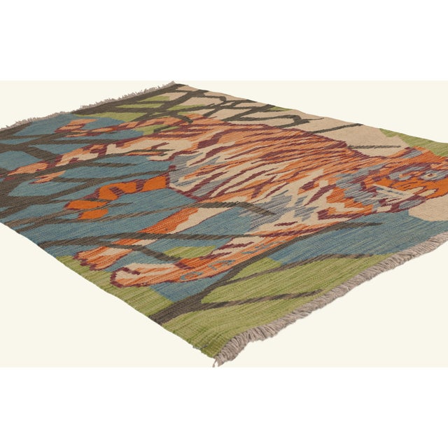 79769 Vintage Pakistani Pictorial Kilim Rug, 03'04 x 04'11. The Caspian Tiger: A Vintage Pakistani Kilim Masterpiece of...