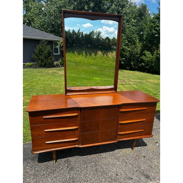 Beautiful mid century United dresser set Long dresser with mirror and tallboy Walnut wood Mirror - 29.5” x 40” x 2.5” Long...