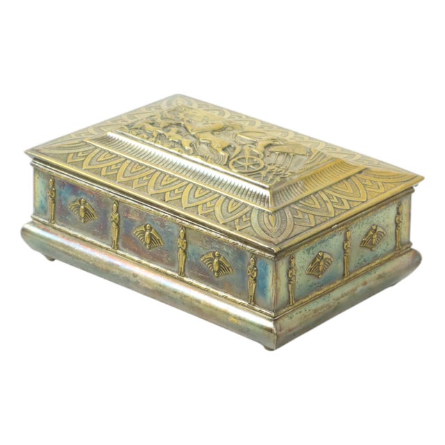 Art Deco Silver-Plated Chest Trinket Box with Egyptian Motifs For Sale