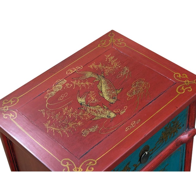 Oriental Red Blue Doors Golden Butterflies Fishes Graphic End Table Nightstand For Sale - Image 4 of 8