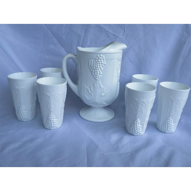 Mid-Century Indiana Heavy Milk Glass Paneled Colony Harvest Grape Vine Pitcher & Tumblers Set- 7 Pieces For Sale In Washington DC - Image 6 of 12