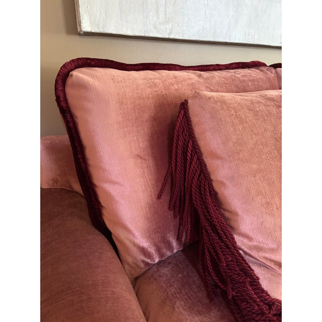 Rose Dusty Rose Velvet Sofa With Samuel & Sons Burgundy Brush & Bullion Fringe Trim For Sale - Image 8 of 10