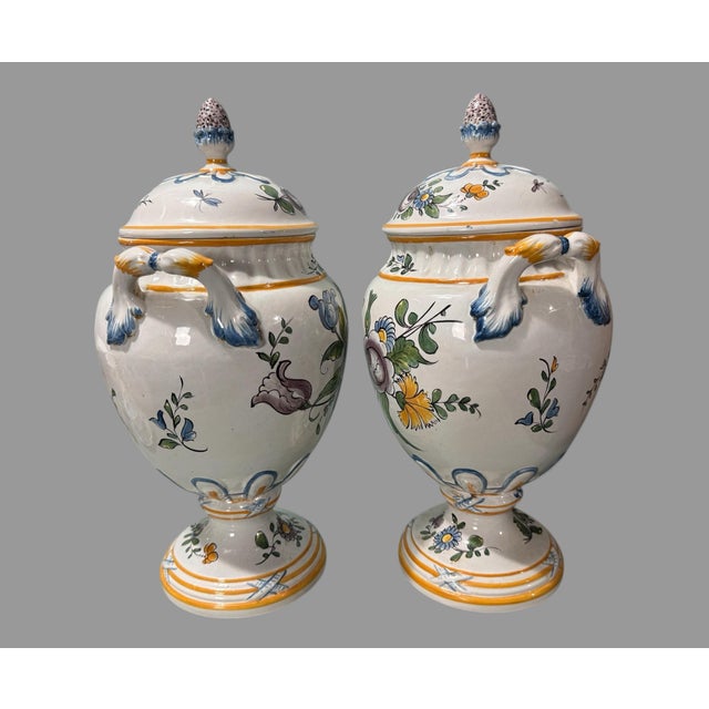Pair of Antique French Faience Floral Hand Painted Double Handled 15" Vases Urns W Lids For Sale - Image 12 of 12