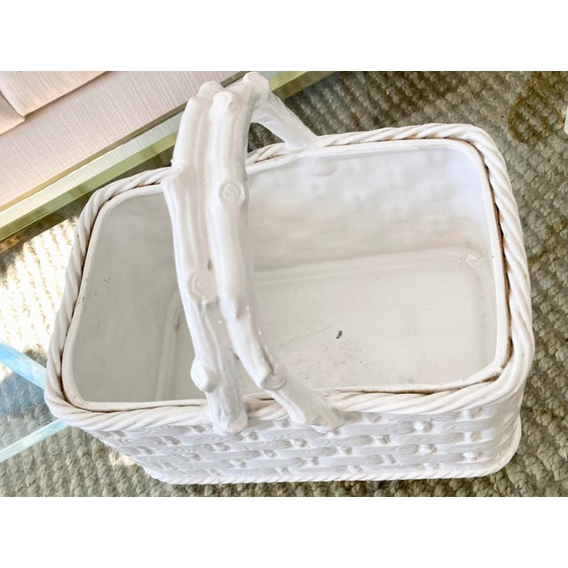 Glazed Ceramic Basket Cache Pot With Faux Bois Handle For Sale In Los Angeles - Image 6 of 11