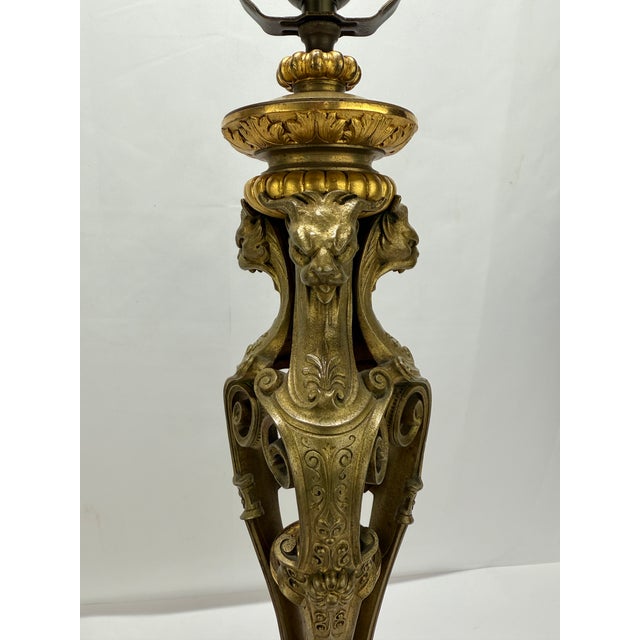 Metal Neoclassical Parcel-Gilt and Patinated Bronze Tripod Zoomorphic Lamps C. 1900 Attributed to Edward F. Caldwell & Co. For Sale - Image 7 of 17