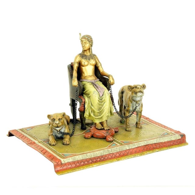 Orientalist Polychrome Bronze Pharaoh Sculpture with Lionesses For Sale - Image 4 of 13