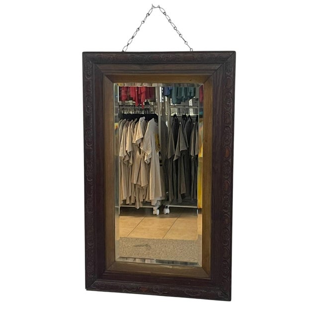 Victorian Victorian 1890s Uk Import Carved Oak Wall Mirror With Beveled Glass and Hanging Chain. For Sale - Image 3 of 10