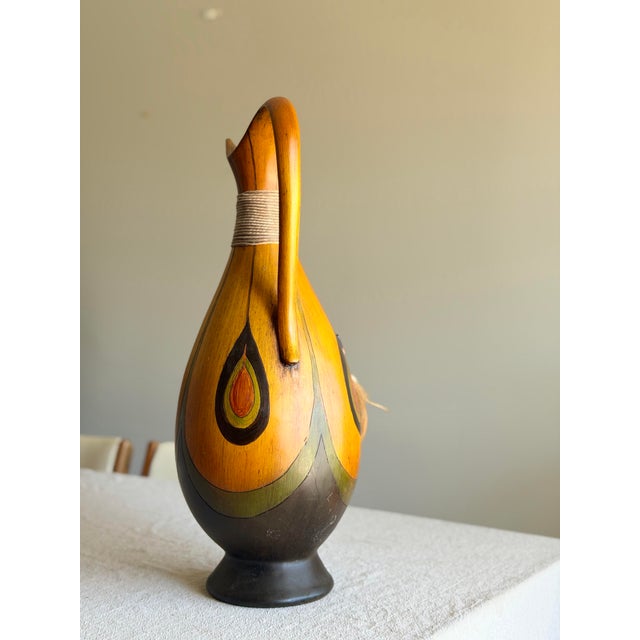 Vintage Midcentury African Bentwood Pitcher Vase With Sculptural Neck and Curving Handle, Teardrop Accents, Feather and Stone Tassel Detail For Sale - Image 9 of 12