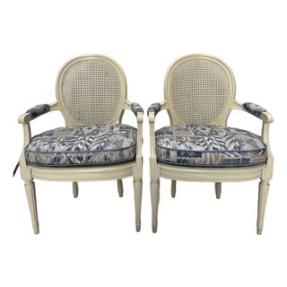 Vintage Painted Caned Louis XVI Fauteuil Chairs a Pair For Sale