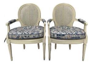 Vintage Painted Caned Louis XVI Fauteuil Chairs a Pair