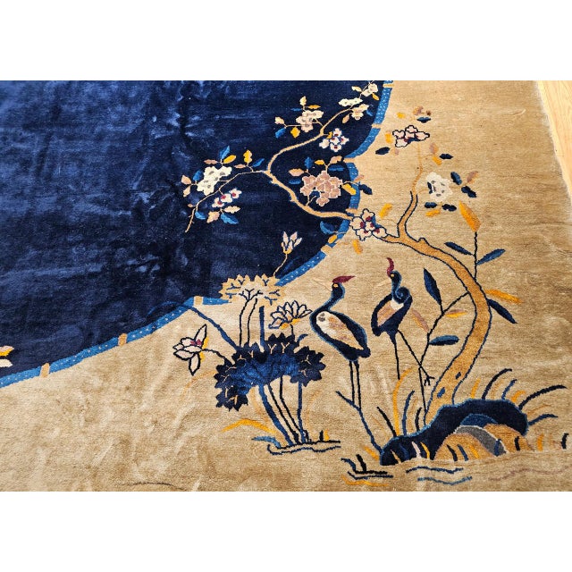 Antique Art Deco Chinese Oversized Rug, Handwoven Wool, Cranes & Butterflies Design, Navy & Tan, 14' X 19' For Sale - Image 14 of 17