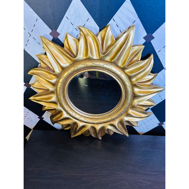 Gold 1970s Midcentury Modern Gold Sunburst Wall Mirror, Hollywood Regency-Style , 15" For Sale - Image 8 of 18