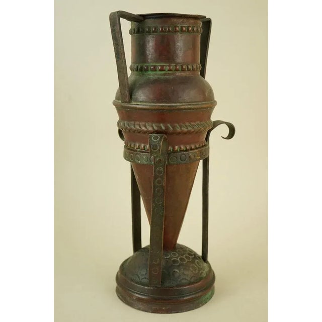 Metal 20th Century Art Deco Pointed Amphora Vase with Copper Stand attributed to Claudius Linossier, France, 1930s, Set of 2 For Sale - Image 7 of 18