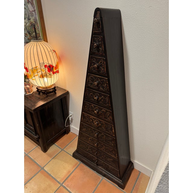 Vintage Indonesian Style Hand-Carved Wood Pyramid Chest, 11 Drawers, 60” For Sale - Image 10 of 11
