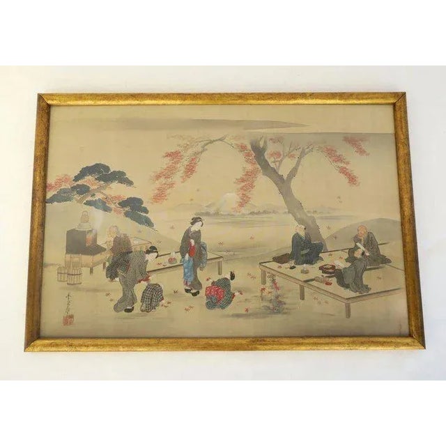 Pair of Japanese paintings on silk depicting "Views of Edo (Tokyo)" and "Fishing Scene of Fujiyama". Each painting...
