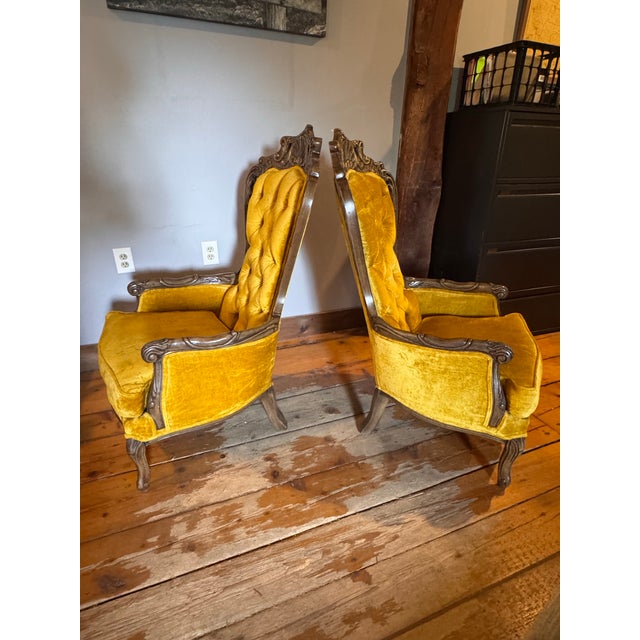Wood Mid 20th Century Victorian Tufted Velvet Chartreuse Wingback Chairs With Carved Wood Backs - Set of 2 For Sale - Image 7 of 11