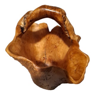Vintage Handcarved Large Burl Wood Basket For Sale