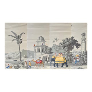 Exotic Indian Scenic Hand-Painted Wall Mural, 4-Panel Set For Sale