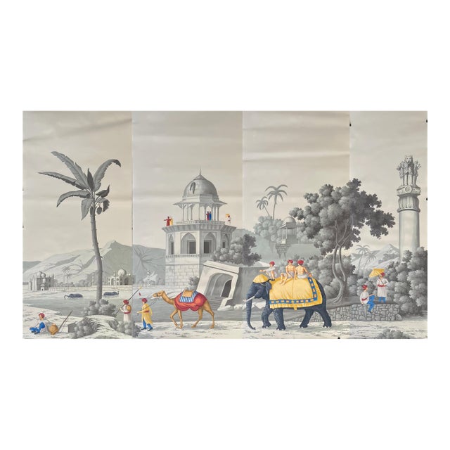 Exotic Indian Scenic Hand-Painted Wall Mural, 4-Panel Set For Sale