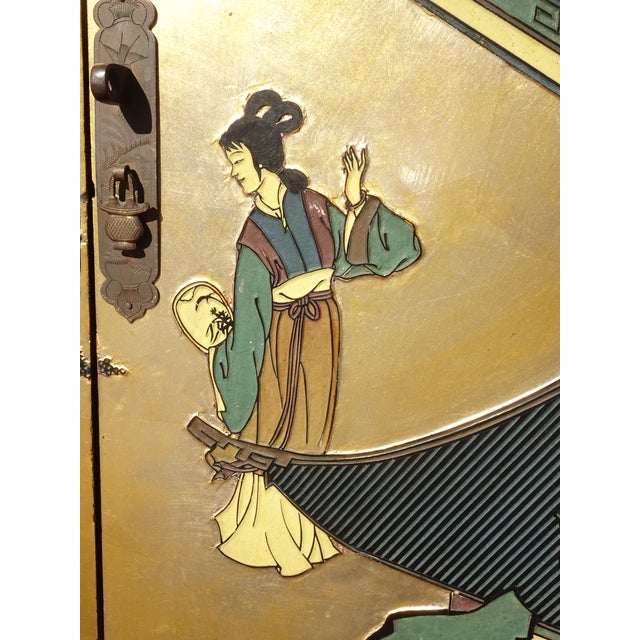 Wood Vintage Oriental Asian Black Lacquer Cabinet Chinoiserie Side Table Signed Asis For Sale - Image 7 of 17