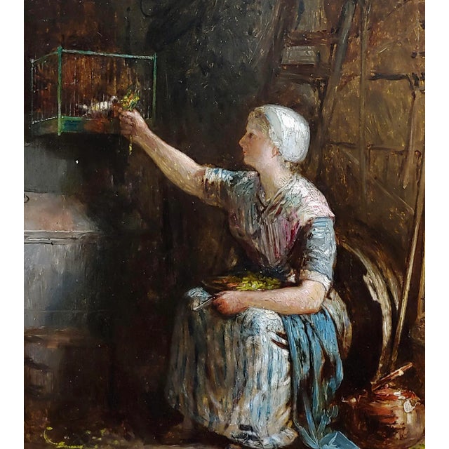 Jacobus Burgers 19th Century Dutch Girl Feeding Her Birds - Oil Painting For Sale - Image 4 of 8