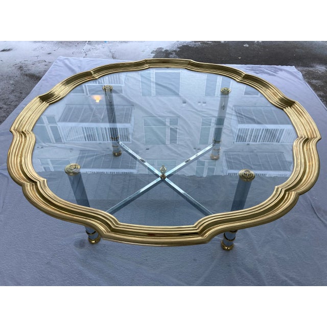 Chrome Mid-Century Modern Chrome X-Base Coffee Table Having Scalloped Brass Glass For Sale - Image 8 of 13