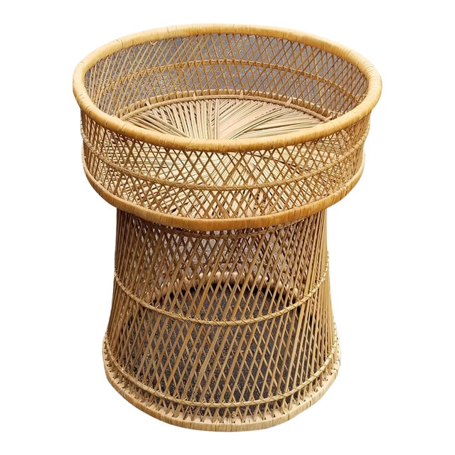 Vintage Round Rattan Plant Stand or Side Table With Removable Tray Top For Sale