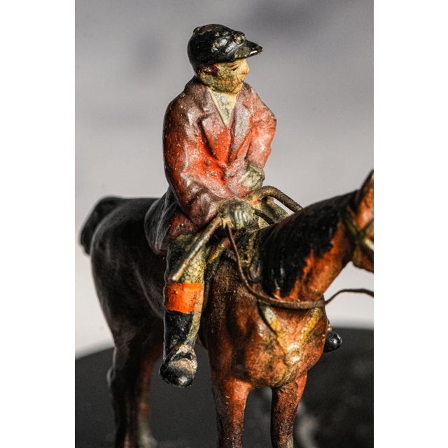 1910s Charming Antique Austrian Cold Painted Bronze Fox Hunt Horse Sculpture Catchall English Equestrian Desk Tray Black Stone Home Office Decor For Sale - Image 5 of 13
