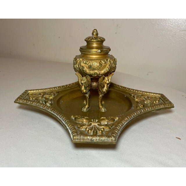 Antique Ornate 1800's Victorian Gilt Bronze Griffin Brass Desk Inkwell Stand Jar For Sale - Image 14 of 17