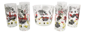 Vintage Mid Century Modern Gambling Casino Bar Tumblers & Ice Bucket - Set of 7