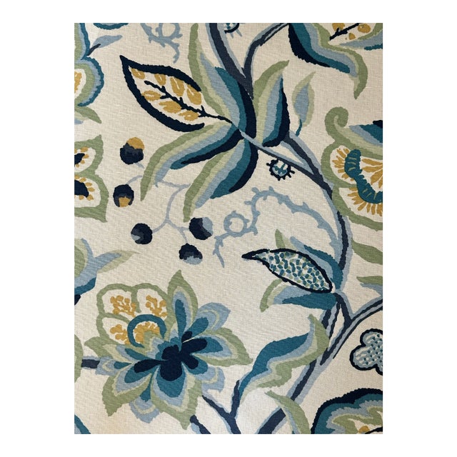 Schumacher 180970 Alexandra Vine Linen Navy and Leaf Fabric 3 7/8 Yards For Sale