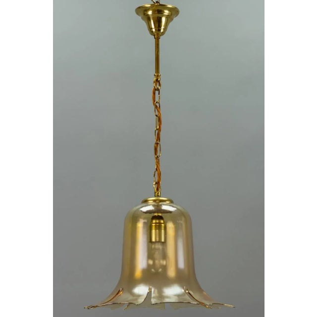 Vintage Bell-Shaped Glass and Brass Pendant Lamp For Sale - Image 4 of 17