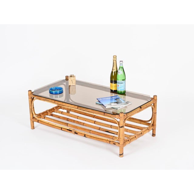 Stunning French Riviera style rectangular organic coffee table fully made in bamboo and woven rattan wicker completed by a...