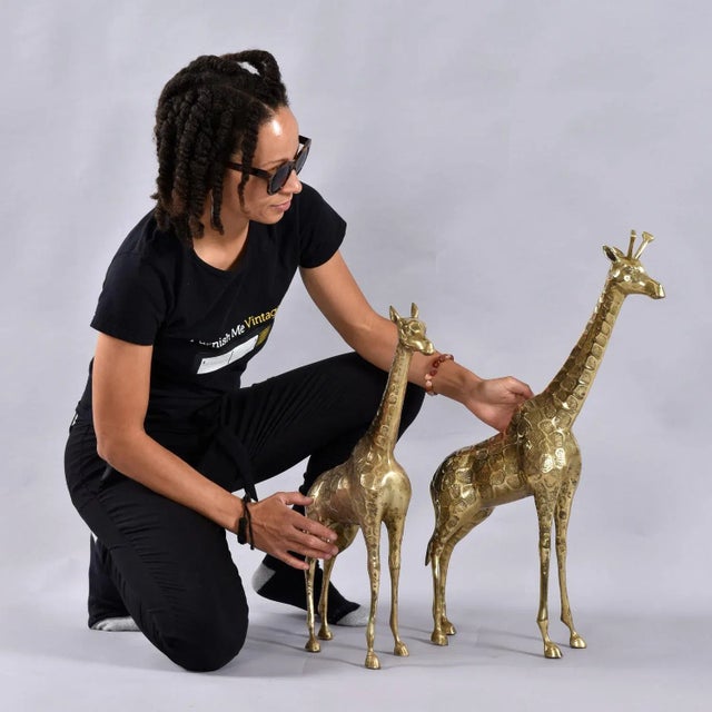 Pair of Tall Vintage Brass Giraffe Figurine Sculptures Overt 2 Feet For Sale - Image 9 of 11