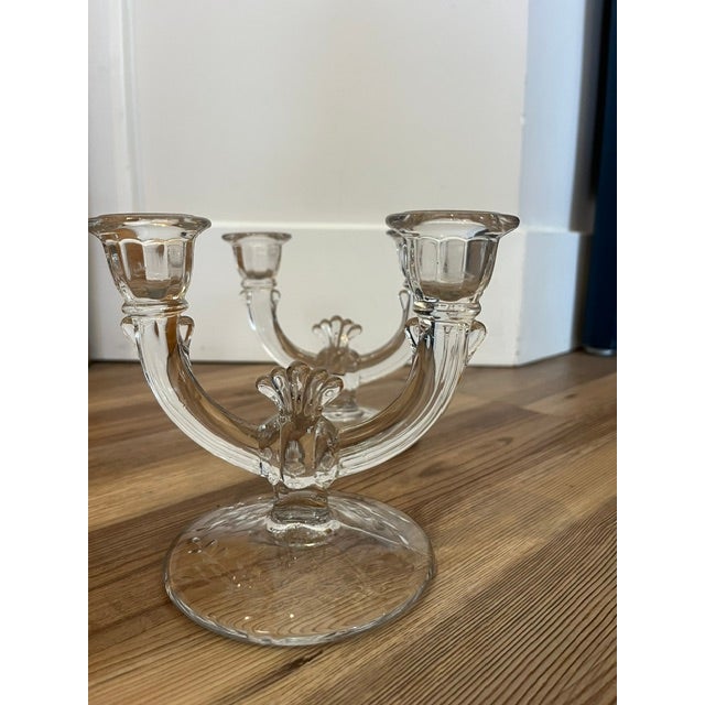 Glass Antique Mid-Century Modern Paden City Lucy Pattern Clear Glass Twin Arm Double Candelabras - Pair For Sale - Image 7 of 10