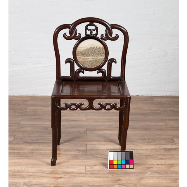 Early 20th Century Chinese Antique Rosewood Side Chair with Open Fretwork and Marble Medallion For Sale - Image 5 of 13