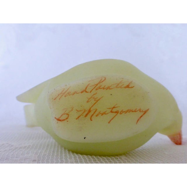 Glass Vintage Mid 20th Century Fenton "Happiness Bird" Green Custard Satin Glass Glitter Pink Flowers Signed by B. Montgomery For Sale - Image 7 of 9