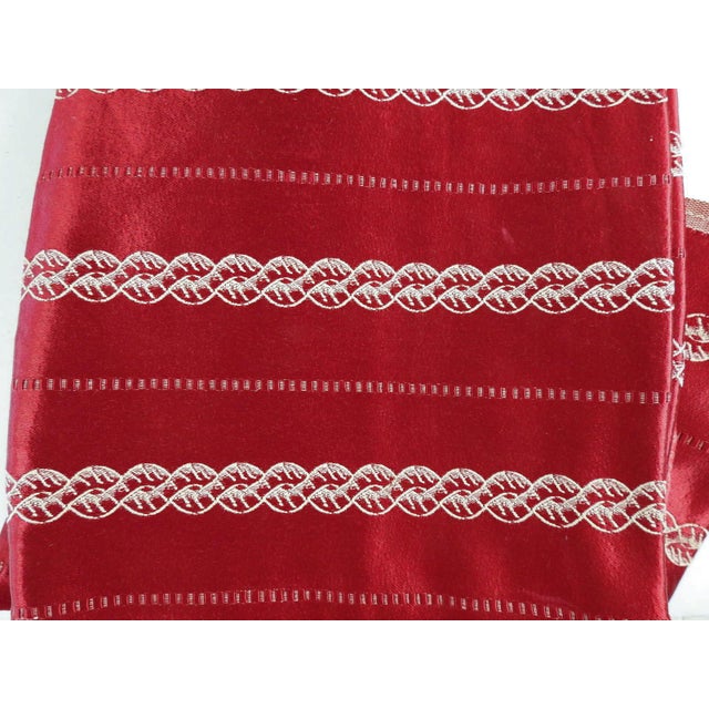 Vintage circa 1950's heavy drapery weight dark red satin fabric. Two drapery panels each 46" wide x 45" long, sewn tape at...