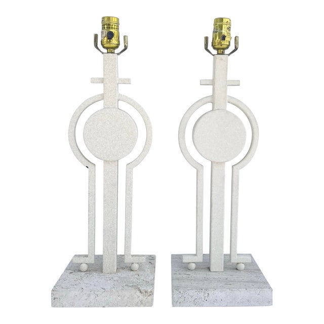 Mid Century Modern Sculptural Lamps on Travertine - A Pair For Sale