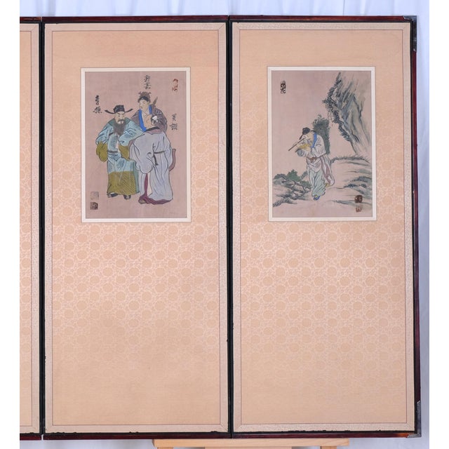 1950s 1950s Chinese Byobu Four Traditional Hand Painted and Stamped Vignettes on This 4-Panel Very Good + Condition Folding Screen For Sale - Image 5 of 11