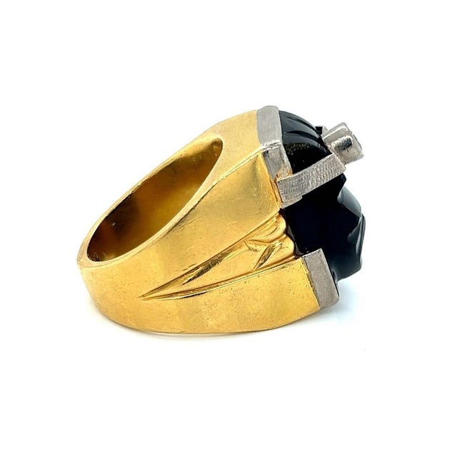 Mid 20th Century Mid 20th Century Diamond Onyx 18k Two Tone Gold Carved Face Ring - Size 9.5 For Sale - Image 5 of 7