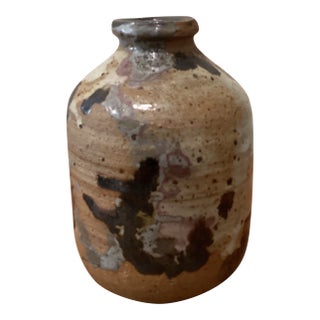 Vintage Handmade Woodfired Stoneware Vessel/Vase With Muted Glaze Pattern, Artist Signed For Sale