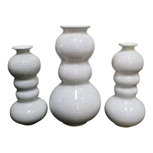 Raymor 60s Crackel Glazed White Gourd Vases For Sale