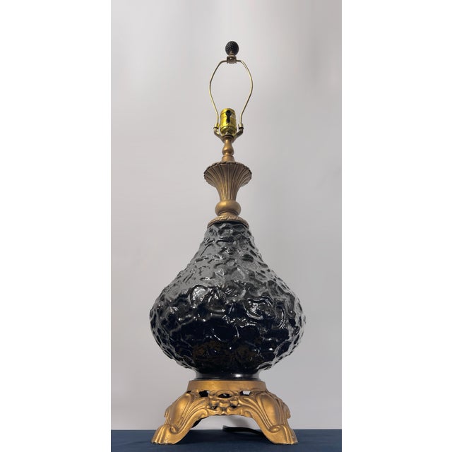 Mid-Century Modern Mid 20th Century Hollywood Regency Black Textured Art Glass Gilt Metal Table Lamp For Sale - Image 3 of 10