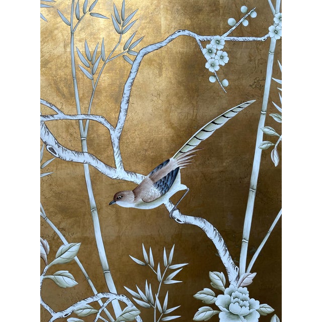 Set of 3 Hand Painted Gold Leaf Chinoiserie Wallpaper Panels, Monochrome Bird & Bamboo Floral Mural, Custom Size Available For Sale - Image 6 of 9
