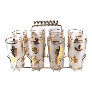 Vintage 1960s Fred Press Black Gold Highball Glasses in Brass Cart- 8 Pieces For Sale