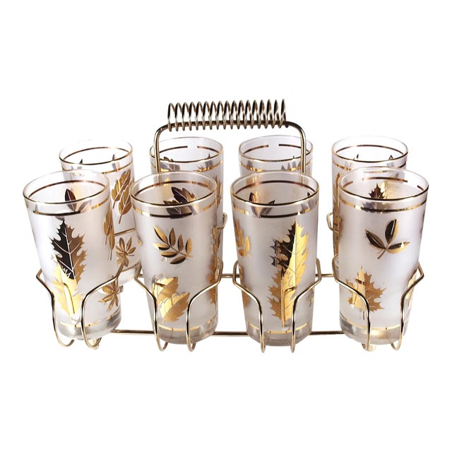 Vintage 1960s Fred Press Black Gold Highball Glasses in Brass Cart- 8 Pieces For Sale