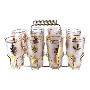 Vintage 1960s Fred Press Black Gold Highball Glasses in Brass Cart- 8 Pieces